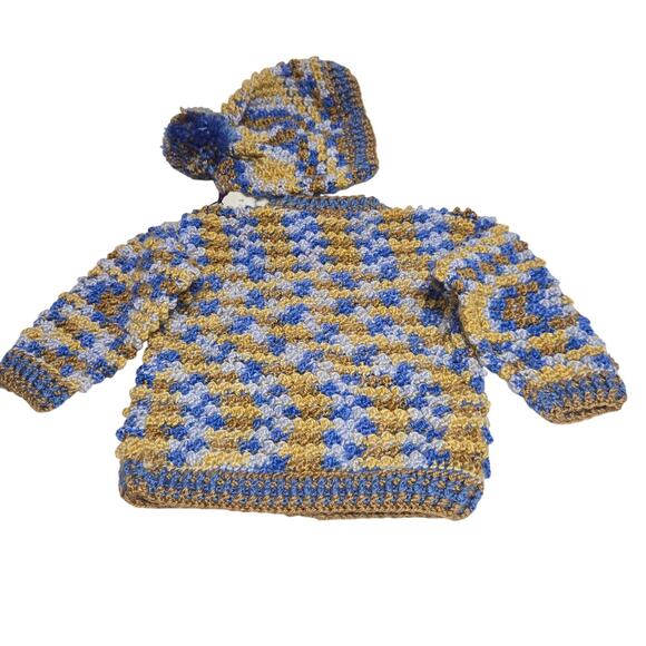 Hand Crochet Baby Sweater & Hat Set 9-12 Month Dog Buttons Poodle Hound Blue New - Picture 8 of 13